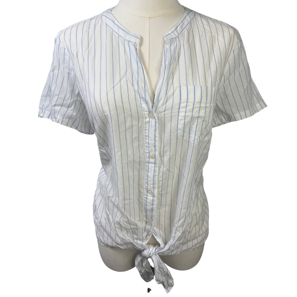 J Crew Button Front Tie Hem‎ Top Womens Small White Blue Striped Coastal Preppy